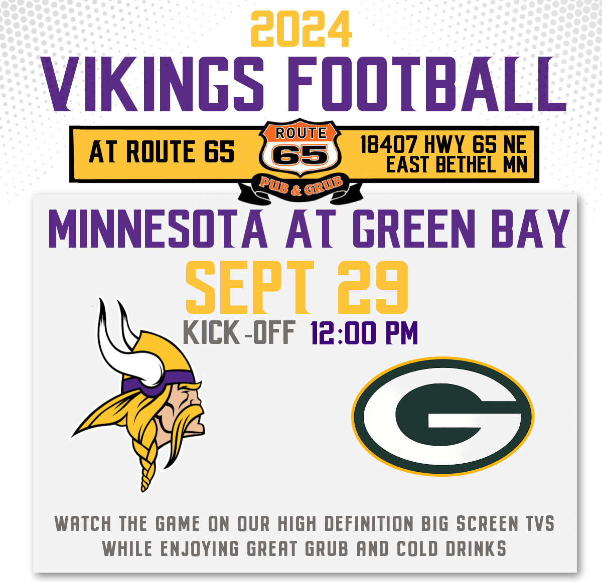 Vikings vs Packers Game at Route 65 Pub n Grub, East Bethel Sport Bar