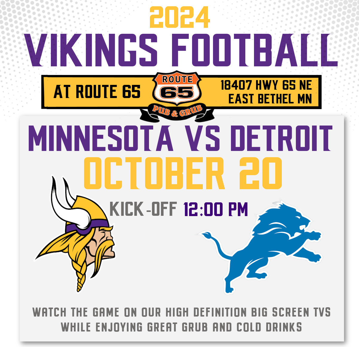 Vikings vs Detroit Lions at Route 65 Pub East Bethel MN Sports Bar