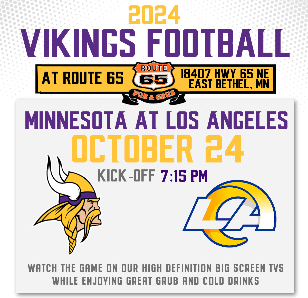 Vikings vs Chargers at Route 65 Pub East Bethel