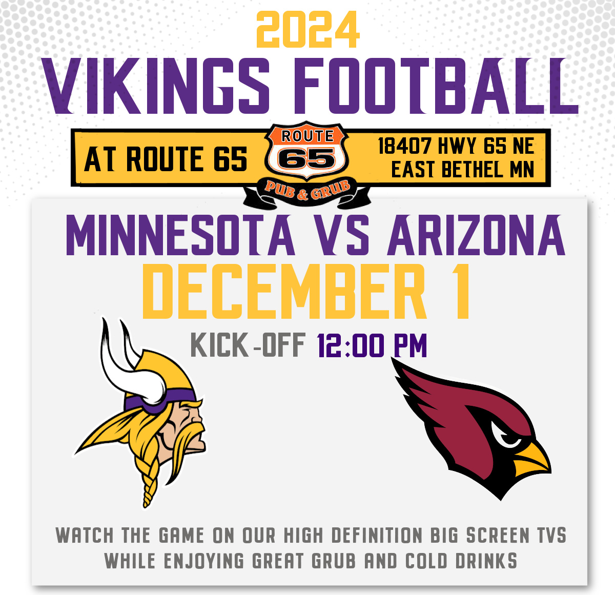 MN Vikings vs AZ Cardinals at Route 65 Pub