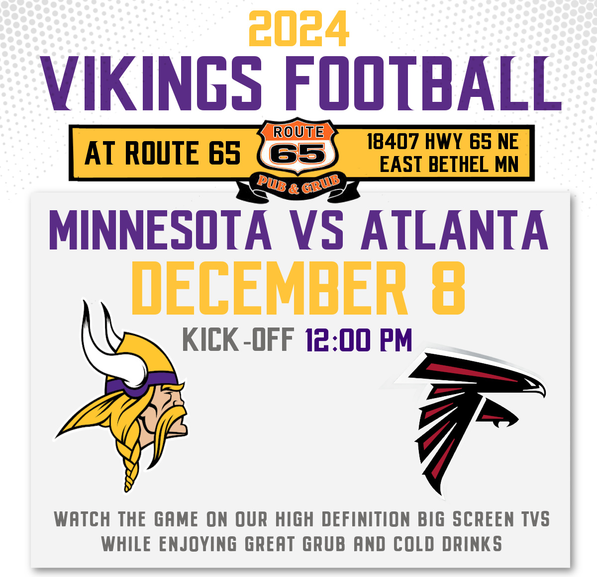 Watch Vikings vs Atlanta Falcons at Route 65 Pub n Grub