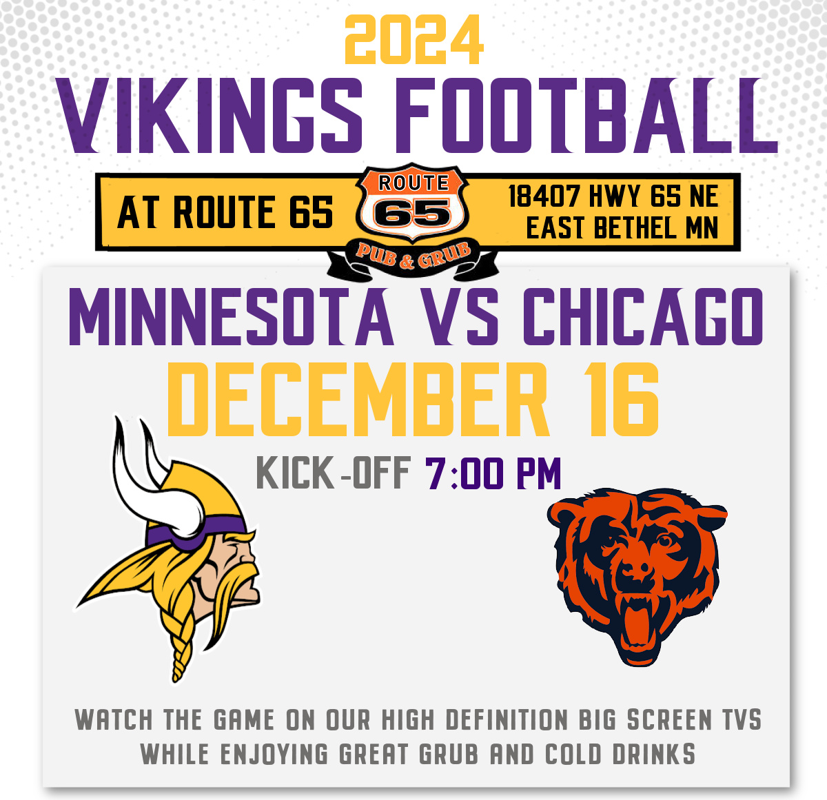 Vikings vs Chicago Bears at Route 65 Pub n Grub