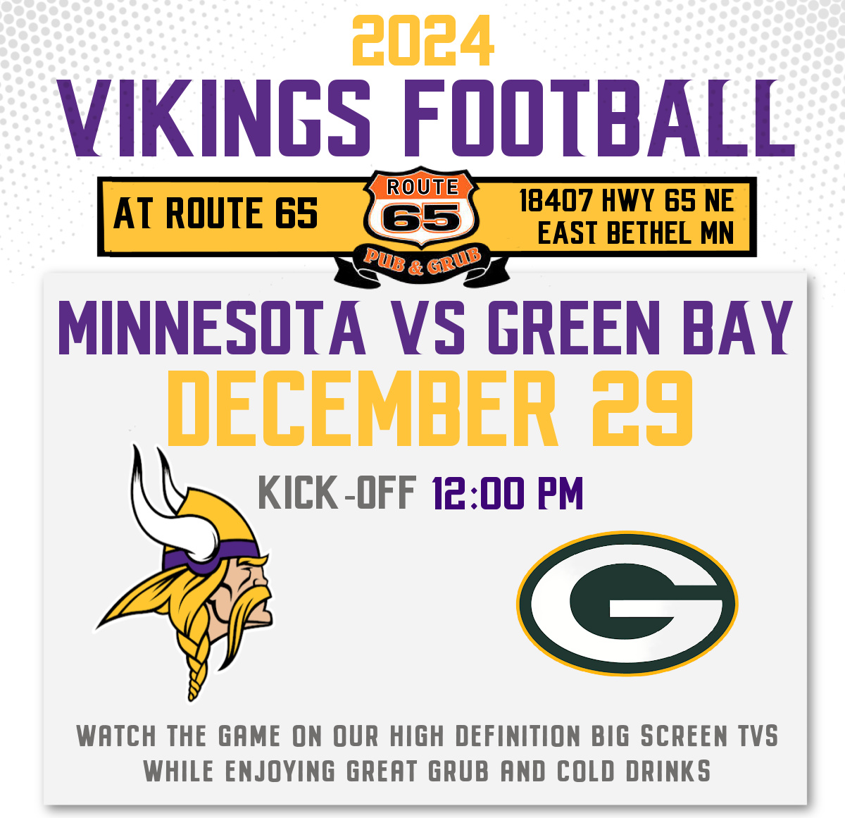 Watch the Vikings vs Packers game at Route 65 Pub n Grub